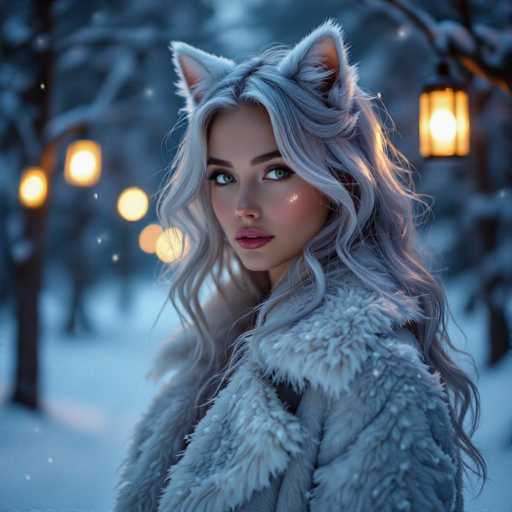A captivating, AI-generated image portrays a young woman with long, wavy hair that cascades down her back. She is adorned in a luxurious fur coat, which features a prominent, fluffy collar that frames her face. Her striking green eyes are accentuated by thick, dark eyebrows, and her lips are painted a soft pink. Adding a whimsical touch to her appearance, she wears a pair of cat ears, with the left ear slightly smaller than the right. The background is a serene winter scene, with snow gently falling and blanketing the ground. A row of trees stands in the distance, each adorned with a glowing lantern hanging from its branches, casting a warm, yellow light that contrasts beautifully with the cool blue tones of the night.
