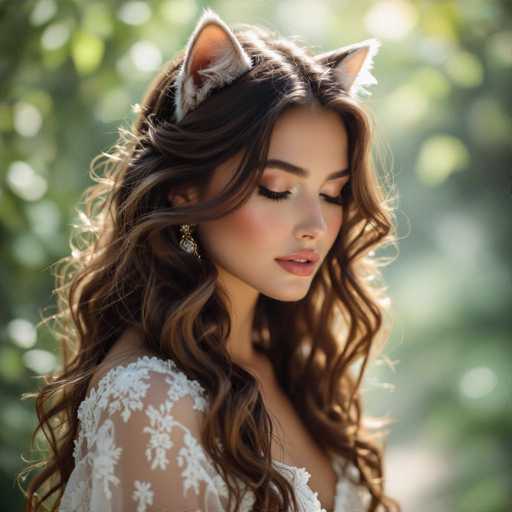 A captivating photograph features a young woman with long, wavy brown hair cascading down her back. She is adorned in a sheer white dress with delicate floral embroidery, which elegantly drapes over her shoulders. Her eyes are gently closed, and her head is slightly tilted downward, giving her a serene and contemplative expression. She wears light pink lipstick and a touch of blush on her cheeks, complementing her natural beauty. A single earring dangles from her right ear, catching the light. Adding a whimsical touch, she sports a pair of white cat ears with pink accents, which are positioned just above her eyebrows. The background is a soft blur of green, suggesting an outdoor setting with trees, enhancing the dreamy and ethereal quality of the image.