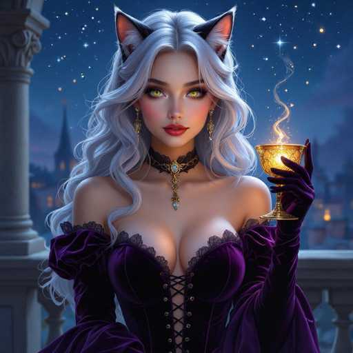 The image depicts a highly detailed, computer-generated or AI-generated artwork of a young woman with striking features. She has long, wavy gray hair cascading down to her chest and piercing yellow eyes. Her lips are painted a vivid red, and she wears a black choker adorned with blue jewels and a dangling pendant. Her attire is a purple corset with lacy details and a crisscross lacing up the front, complemented by matching purple gloves. She also sports long, dangling earrings.

Perched atop her head are black cat ears with pink interiors, adding a whimsical touch to her appearance. In her left hand, she holds a golden chalice that emits a mystical glow, with wisps of smoke or light emanating from it. The background features a starry night sky and a distant cityscape with illuminated buildings, including a prominent church steeple. The scene is set on a balcony with stone pillars, enhancing the ethereal and enchanting atmosphere of the artwork.