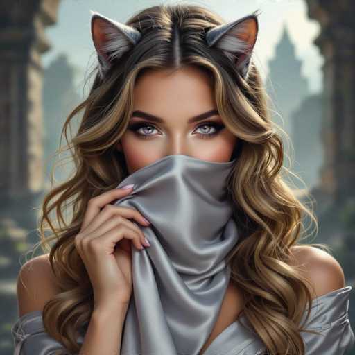 This image features a strikingly realistic, computer-generated depiction of a woman with long, wavy brown hair. She has light skin and captivating gray eyes, accentuated by thick black eyelashes and well-defined eyebrows. Her hair is parted in the middle, and she wears whimsical, gray and white cat ears on top of her head. The woman is dressed in a shiny, silver-gray dress that drapes off her shoulders, and she holds a matching scarf over her nose and mouth, revealing only her eyes. Her nails are painted pink, adding a subtle touch of color. The background is blurred, featuring indistinct shapes that resemble buildings and columns, with a hint of blue sky. The overall composition is square, with the woman's face centrally positioned, drawing immediate attention to her enigmatic and alluring presence.