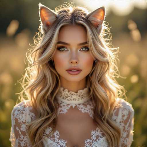 A captivating photograph features a young woman with long, wavy blonde hair cascading past her shoulders. She is adorned in a white lace dress with a high collar that elegantly frames her neck. Her striking green eyes are accentuated by dark eyebrows and a touch of eyeliner, while her full lips, painted in a soft pink hue, add a touch of warmth to her expression. The woman's face is slightly tilted to the right, and she gazes directly at the camera with a serene, almost dreamy look. Adding a whimsical touch to the image, she sports a pair of large, white cat ears with pink interiors, reminiscent of a playful costume. The background is artistically blurred, drawing attention to her detailed features and attire.