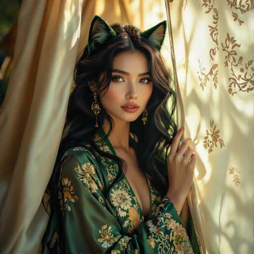 This image features a strikingly beautiful young woman, possibly of Asian descent, with long, dark brown hair cascading down her shoulders. She is adorned in a luxurious green satin kimono, intricately detailed with gold and white floral patterns. Her ensemble is complemented by elegant gold earrings that dangle from her ears. Adding a whimsical touch to her appearance, she wears green cat ears with white fur accents, perched atop her head. The woman's pose is captivating, with her body angled to the right while she gazes directly at the camera over her shoulder. Her left hand gently touches a white curtain embellished with gold floral designs, which frames her figure on either side. The backdrop is a soft, light brown, enhancing the overall warmth and elegance of the scene.