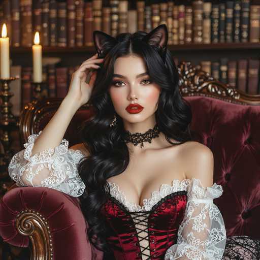 A young woman with long, dark hair and striking red lipstick sits in a luxurious, red velvet chair with intricate gold trim. She wears a red corset adorned with white lace and black lacing, complemented by a black lace choker. Her outfit is further accentuated by white lace sleeves. Perched atop her head are black cat ears, adding a whimsical touch to her appearance. She holds her right hand to her head, gazing directly at the camera with a serious expression. Behind her, a bookshelf filled with books adds a scholarly backdrop to the scene. To her left, a lit candle in a gold candlestick holder casts a warm glow, enhancing the cozy and elegant atmosphere.