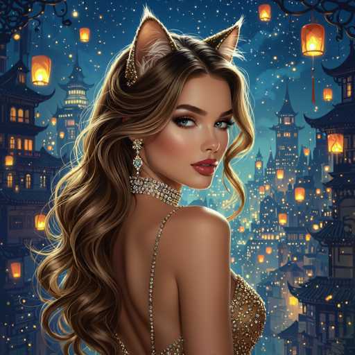 This detailed digital illustration depicts a young woman with long, wavy brown hair cascading down her back. She is adorned with cat ears, which are brown with white fur inside, and wears a striking diamond choker around her neck. Her attire includes a gold dress embellished with diamonds, and she sports diamond earrings. The woman has blue eyes, red lips, and is looking over her shoulder directly at the viewer. The background features a nighttime cityscape with tall buildings that have distinctly Asian architectural elements, such as curved roofs and pagoda-like structures. The sky is a deep blue, dotted with stars and numerous lanterns that emit a warm yellow light, adding to the enchanting atmosphere of the scene.