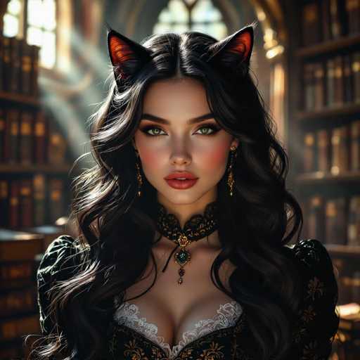 This image features a young woman with long, dark brown hair that cascades down to her chest. She has striking green eyes and is adorned with cat ears, which are black with a hint of red on the inside. Her makeup is meticulously applied, with red lipstick and blush that accentuates her cheeks. She wears elegant gold earrings and a choker necklace that is black with gold accents, adorned with a green gemstone and a smaller red gemstone. Her attire is a black dress with intricate gold floral patterns and white lace detailing at the top. The background reveals a grand library with towering bookshelves filled with books, and sunlight streams through a window, casting a warm glow on the scene.