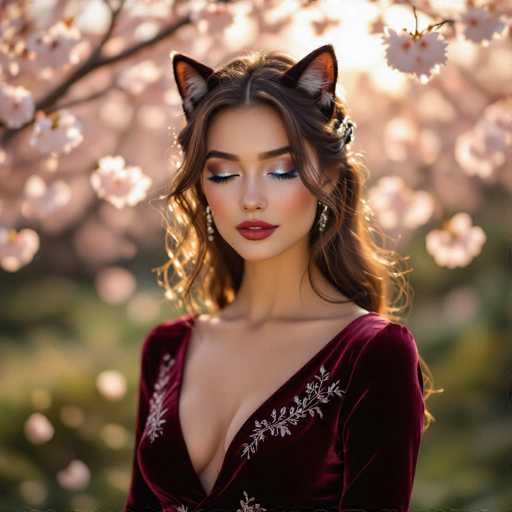 A captivating image features a woman with long, wavy brown hair adorned with whimsical cat ears. Her eyes are closed, accentuated by striking blue and purple eyeshadow, and her lips are painted a deep red. She wears a low-cut, velvet dress in a rich burgundy hue, embellished with delicate white floral patterns. The background is a soft blur of green foliage and pink cherry blossoms, with sunlight filtering through the branches, casting a gentle glow on her face. The overall scene exudes a dreamy, ethereal quality.