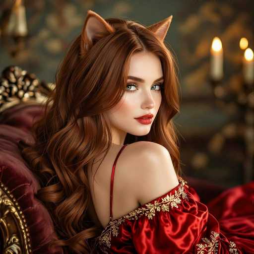 This image portrays a strikingly beautiful woman with long, wavy brown hair cascading down her back. She is seated on a luxurious red velvet chair adorned with gold trim, exuding an air of elegance and sophistication. The woman is dressed in a red dress featuring a single thin strap over her shoulder, leaving her other shoulder bare. The dress is embellished with intricate gold leaf patterns that add a touch of opulence to her ensemble. Her makeup is meticulously applied, with bold red lipstick and carefully applied eye makeup that accentuates her captivating blue eyes. Her gaze is directed towards the camera, creating a sense of connection with the viewer. Adding an element of fantasy, she has large, pointed cat ears protruding from the top of her head, giving her a whimsical, almost mythical appearance. The background is softly blurred, drawing attention to her detailed and enchanting features.
