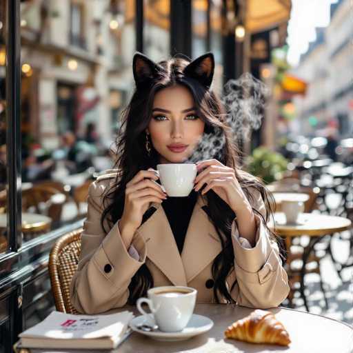 In this captivating image, a woman is seated at a round table in a quaint café, holding a white coffee cup with both hands. The cup is filled with steaming coffee, and wisps of steam rise from it, adding a cozy touch to the scene. She is dressed in a stylish tan trench coat, which contrasts beautifully with her long, dark brown hair. Her makeup is meticulously applied, featuring striking red lipstick and defined eyebrows, enhancing her elegant appearance. Adding a whimsical element to her look, she wears a pair of cat ears on her head. On the table in front of her, there is a croissant and a book, suggesting a moment of quiet enjoyment. The background is softly blurred, drawing attention to her serene and inviting presence.