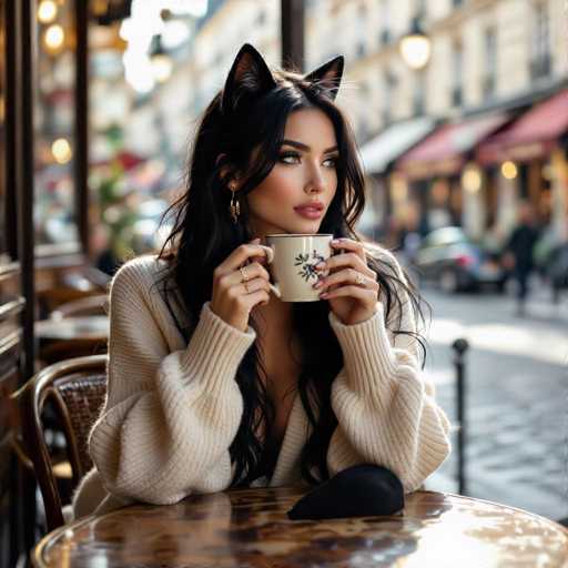 In this captivating photograph, a woman is seated at a round table in a quaint European café, possibly in Paris. The table is adorned with a striking black and gold marbled design, adding an elegant touch to the setting. The woman, who has long, dark hair cascading over her shoulders, is wearing a cozy white sweater. She holds a white coffee cup with both hands, her gaze directed thoughtfully to the right. Her lips are painted a soft pink, and she sports a pair of cat ears, adding a whimsical element to her appearance. Adorning her fingers are several rings, and she wears a gold earring that glints subtly in the light. The background is artistically blurred, drawing attention to her serene expression and the charming ambiance of the café.