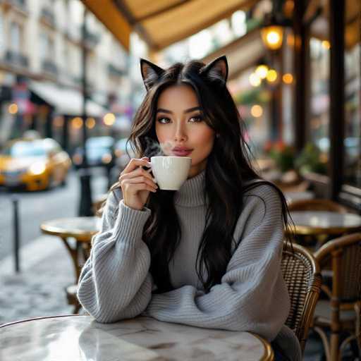 In this captivating image, a young woman is seated at an outdoor café, savoring a hot beverage. She is dressed in a cozy gray sweater, with her arms resting on the table, one of which elegantly holds a white coffee cup. The cup is filled with a steaming liquid, and wisps of steam rise invitingly from its surface. Her long, dark hair cascades down, partially obscuring her face, which is adorned with striking cat ears. These ears are black with a hint of pink on the inside, adding a whimsical touch to her appearance. Her eyes are a mesmerizing brown, and her lips are painted a soft pink, complementing her overall look. The background is artistically blurred, drawing attention to her serene expression and the charming ambiance of the café.