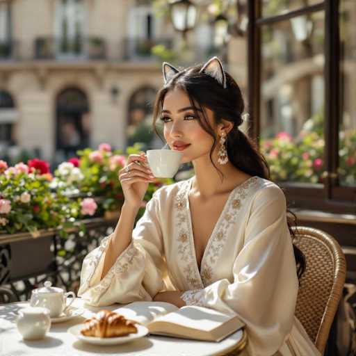 A serene, high-contrast image captures a young woman with South Asian features enjoying a Parisian café moment. She's elegantly dressed in a cream-colored silk dress with embroidered details, her long black hair styled in a neat bun adorned with silver thread. Cat ears adorn her head, and a subtle bindi graces her forehead. She delicately sips coffee, her expression serene as she leans back in her chair, a soft smile gracing her lips. The sunlight bathes the scene in a warm glow, highlighting the details of the table setting – a croissant, sugar bowl, and open book. The overall composition exudes a sense of peaceful elegance and charm.