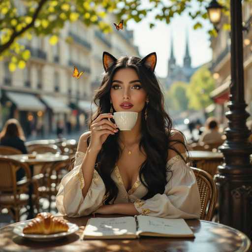 A young woman with long, dark hair and striking brown eyes sits at a round table in a bustling European cafe. She is dressed in a white blouse adorned with gold trim, and her ears are decorated with playful cat ears. Her manicured hands hold a white coffee cup, and a croissant rests on a plate in front of her. An open book lies on the table, suggesting she might be writing or sketching. The background is slightly blurred, revealing other patrons enjoying their time at the cafe. A majestic cathedral with twin spires stands prominently in the distance, adding to the picturesque ambiance. The scene is bathed in sunlight, with two butterflies fluttering near her head, enhancing the serene and enchanting atmosphere.