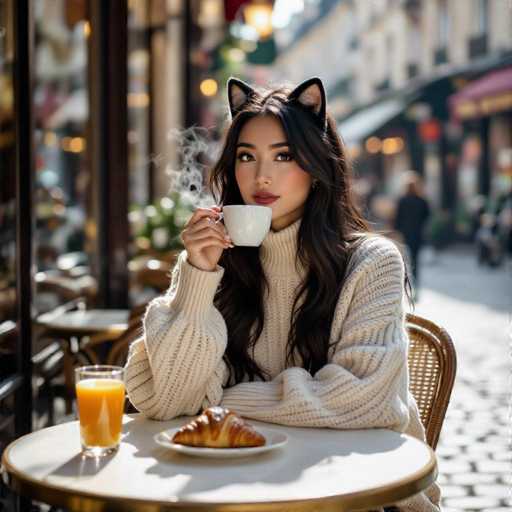 A young woman with long, dark hair and cat ears sits at a small, round table in an outdoor café. She is wearing a beige turtleneck sweater and holding a white coffee cup with steam rising from it. In front of her, there is a croissant on a white plate and a glass of orange juice. The table has a white top with a gold rim, and she is seated on a wicker chair. The background is blurred, showing a cobblestone street and buildings, with a few people walking by. The scene is bathed in sunlight, creating a warm and inviting atmosphere.