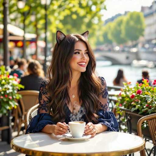 In this captivating photograph, a woman is seated at a round table, enjoying a cup of coffee. She is adorned in a dark blue dress with intricate lace sleeves, and a delicate necklace graces her neck. Her long, wavy brown hair cascades down, and she sports playful cat ears atop her head. Her face is lit up with a warm smile, revealing her teeth, and she gazes off to the right. The table is set with a white cup and saucer, and the scene is framed by lush green plants with vibrant red flowers on either side. The background is slightly blurred, revealing a serene body of water, a bridge, and a distant building, adding depth to the composition.