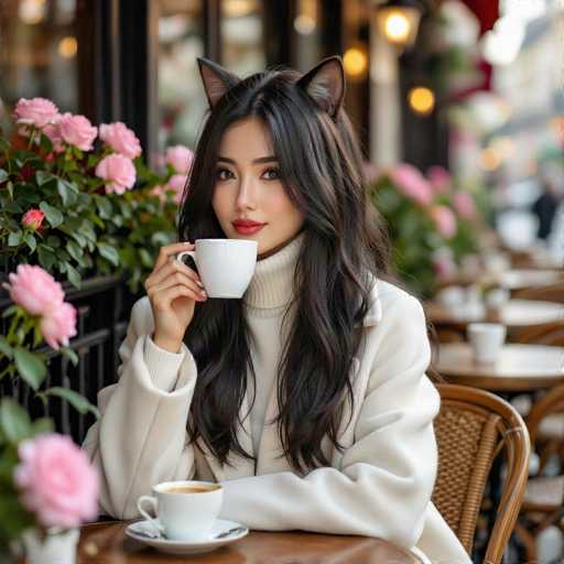 A woman with long, dark hair and cat ears sits at a table in a cafe, holding a white cup of coffee. She's wearing a cream-colored turtleneck sweater and looking directly at the viewer with a soft smile. Pink roses are in the background, creating a warm and inviting atmosphere. The overall style is soft and romantic, with a focus on the woman's gentle expression and the cozy setting.
