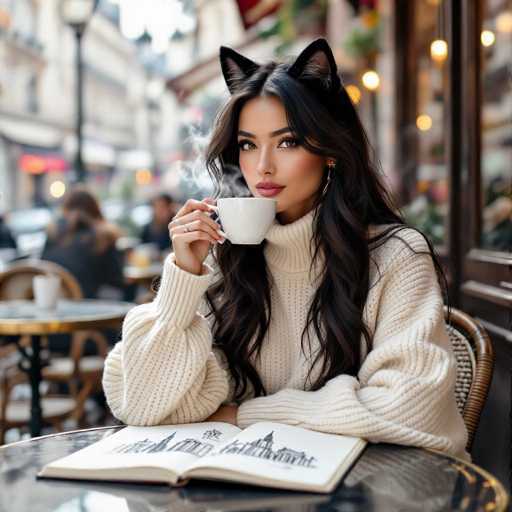 In this captivating image, a young woman with long, dark hair and striking features is seated at a round table in a cozy café. She is wearing a cream-colored turtleneck sweater and has cat ears adorning her head, adding a whimsical touch to her appearance. Her long fingernails are painted white, and she is holding a white coffee cup with steam rising from it, suggesting she is enjoying a hot beverage. The woman is gazing off to the left, her expression serene and contemplative. On the table in front of her lies an open book, its pages filled with black and white illustrations of various buildings. The background is softly blurred, revealing other patrons seated at tables and the warm glow of lights from nearby buildings, creating a charming and inviting atmosphere.