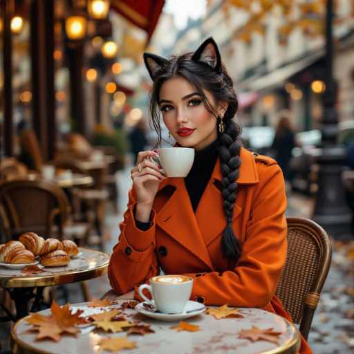 In this captivating image, a woman is seated at an outdoor café, sipping from a white coffee cup. She is dressed in a striking orange coat over a black turtleneck, and her long black hair is styled into a braid that drapes over her shoulder. Adding a whimsical touch to her appearance, she wears cat ears on her head. The table in front of her is adorned with autumn leaves, and a plate of croissants sits to her left, enhancing the cozy ambiance. The background is artistically blurred, drawing focus to her serene expression as she gazes off to the right. The scene is bathed in the warm glow of numerous lights, suggesting a charming evening setting.