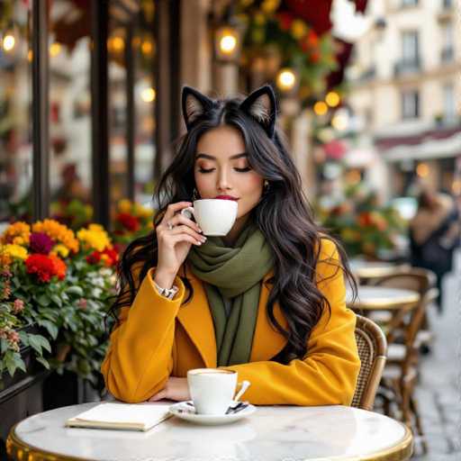 A young woman is seated at a round table with a white marble top and a gold rim, enjoying a cup of coffee. She is dressed in a vibrant yellow coat and a green scarf, with long black hair cascading down her shoulders. Her eyes are closed, and she is savoring her drink from a white cup. On the table in front of her, there is a small notebook. The background is slightly blurred, revealing a bustling street scene with other tables and chairs, as well as a building with a window and a flower box filled with colorful blooms. The woman's left hand rests on the table, and she is wearing a ring on her ring finger. Notably, she has cat ears, adding a whimsical touch to the scene.