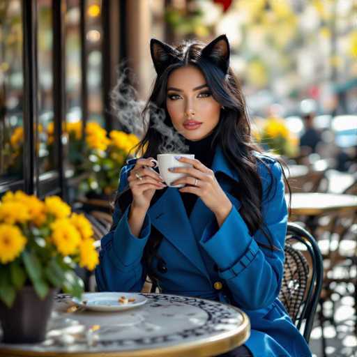 A woman with long, dark hair and striking cat ears sits at a round table adorned with a white tablecloth featuring a black design. She is dressed in a blue coat and holds a white coffee cup with steam rising from it in her right hand. Her nails are painted blue, and she wears rings on both ring fingers. A white plate with a few crumbs rests on the table, which is decorated with a vase of yellow flowers. The background is blurred, revealing more tables, chairs, and additional vases of yellow flowers. To her left, a window with black trim is visible, adding to the cozy ambiance of the scene.