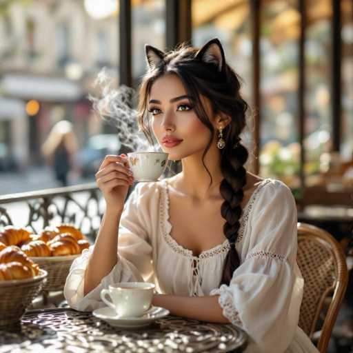A young woman with long, dark brown hair styled in a braid over her left shoulder sits at a round table in a quaint café. She is wearing a white dress with a scalloped neckline and puffy sleeves that extend to her elbows. Her hair is adorned with whimsical cat ears, adding a playful touch to her appearance. She holds a white teacup with a matching saucer in her right hand, and her left arm rests on the table. The table is set with a basket of croissants, and the background reveals a window with a view of the street outside. The woman gazes off to the right, her expression serene and contemplative.