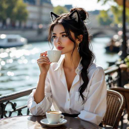 A young woman with long, dark brown hair styled in a bun sits at a round table on a patio overlooking a serene canal. She is wearing a white button-up shirt with the sleeves rolled up to her elbows and a black belt cinched around her waist. Her makeup is meticulously applied, featuring bold red lipstick, and she wears long, dangling earrings. Adding a whimsical touch to her appearance, she has cat ears perched atop her head. She holds a white coffee cup in her right hand, with another cup and saucer placed on the table in front of her. The background is slightly blurred, revealing a white boat on the water, a bridge, and a building with trees in the distance. The scene is bathed in sunlight, creating a warm and inviting atmosphere.