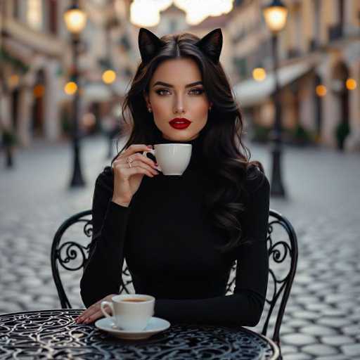 In this captivating image, a woman is seated at a round table adorned with intricate black metal designs. She is holding a white coffee cup in her right hand, while her left hand rests on the table. The woman is dressed in a black long-sleeve shirt, and her long, dark brown hair cascades down her shoulders. Her striking red lipstick and heavy eye makeup accentuate her features, and she wears small gold earrings. Adding a whimsical touch, she has black cat ears perched atop her head. The background is softly blurred, revealing a cobblestone street, black street lamps, and a row of buildings that frame the scene.