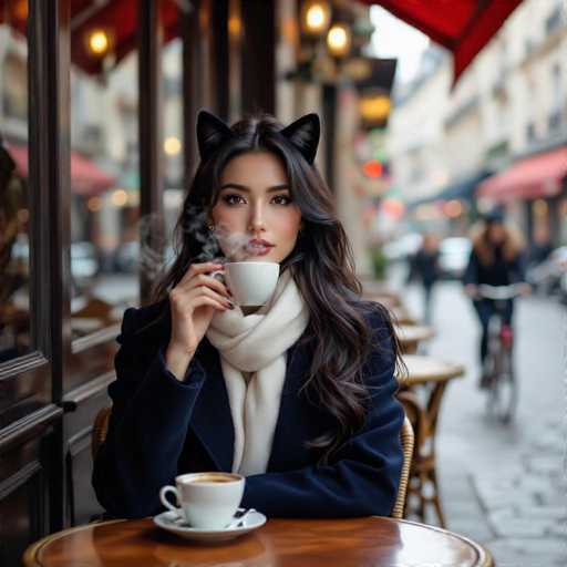 A young woman with long, dark brown hair sits in a cozy café, sipping from a white coffee cup. She is dressed in a dark blue jacket and a light tan scarf, adding a touch of warmth to her outfit. Her nails are painted a striking red, and she wears black cat ears, giving her a playful yet mysterious appearance. The café's interior features a wooden table and a window with a dark brown frame, through which the bustling city street outside can be seen. The street is lined with buildings adorned with red awnings, and a cyclist is visible among the urban scenery. The woman's eyes are a captivating brown, and she wears subtle earrings, completing her charming look.