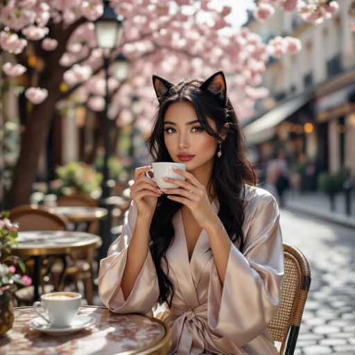 In this captivating image, a young woman is seated at an outdoor café, sipping from a white teacup. She is adorned in a silky, light pink robe that exudes elegance and comfort. Her long, dark hair cascades down her back, and she wears striking cat ears, adding a whimsical touch to her appearance. Her makeup is meticulously applied, with bold red lipstick and defined eyebrows that accentuate her features. She holds the teacup delicately with both hands, her nails painted a soft pink.

The café setting is charming, with a stone-paved street and a tree adorned with delicate pink flowers in the background. The ambiance is further enhanced by the presence of other tables and chairs, some occupied by other patrons, and a street lamp that adds a touch of old-world charm. The overall scene is a perfect blend of serene beauty and cozy comfort, capturing a moment of tranquil indulgence.