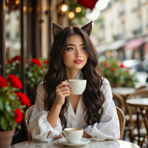 A young woman with long, dark brown hair sits at a round table in a quaint café, sipping from a white coffee cup. She is dressed in a white blouse with puffy sleeves that reach her elbows. Her hair cascades down her shoulders, and she wears a pair of whimsical cat ears on her head. The café is adorned with vibrant red flowers in pots and baskets, adding a splash of color to the cozy setting. The background is softly blurred, revealing hints of other tables and chairs, as well as a building with a red awning. The scene is bathed in natural light, suggesting it is daytime, and the woman appears to be lost in thought, gazing off to the side.
