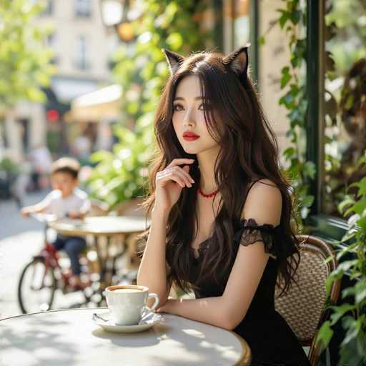 A young Asian woman with long, dark brown hair sits at a round table in an outdoor café. She is wearing a black dress with lace details on the shoulders and a red beaded necklace. Her striking red lipstick and cat ears add a whimsical touch to her appearance. She rests her left elbow on the table, with her hand near her chin, while her right hand is placed on the table. In front of her is a white coffee cup on a saucer. The background is blurred, but you can make out a young boy riding a bicycle and other tables and chairs. The scene is bathed in sunlight, with greenery and a building visible in the distance.