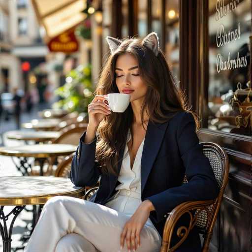 In this captivating image, a woman is seated at a quaint café, savoring a cup of coffee. She is dressed in a stylish ensemble consisting of a white shirt, a blue blazer, and white pants. Her long brown hair cascades down her shoulders, and she has a fair complexion. Adding a whimsical touch to her appearance, she wears cat ears on her head. The woman is seated in a brown chair with a white cushion, and her right hand delicately holds a white coffee cup. Her eyes are closed, and her head is slightly tilted to the right, giving the impression that she is lost in thought or perhaps enjoying a moment of tranquility. The background is softly blurred, drawing attention to her serene expression and the cozy atmosphere of the café.