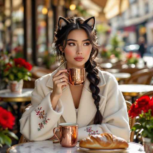 A woman with long, dark hair styled in a braided updo and wearing cat ears is sitting at a table in a cafe. She's wearing a cream-colored coat with floral embroidery and holding a copper mug, looking thoughtfully to the left. A croissant sits on a plate in front of her. The background is softly blurred, showing other cafe tables and plants with red flowers. The lighting is soft and warm, creating a cozy atmosphere.