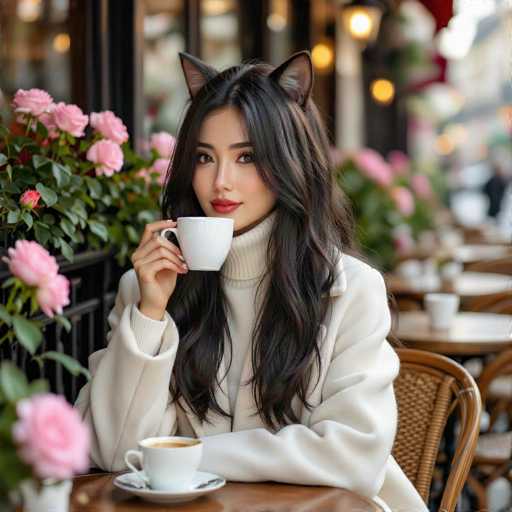 A young woman with long, dark hair and a warm smile is sitting at a table in a cafe. She's wearing a cream-colored turtleneck sweater and has cat ears on her head, holding a white cup of coffee in her hands. The table is covered with a light brown tablecloth and has a small saucer underneath the cup. Behind her, there's a lush display of pink roses in a pot, and the background is softly blurred, suggesting an out-of-focus cafe setting. The lighting is soft and warm, creating a cozy atmosphere.