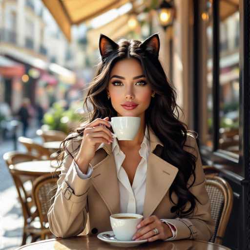A woman with long, wavy dark hair and cat ears is sitting at a table in an outdoor cafe. She's wearing a beige trench coat, a white button-down shirt, and gold earrings. She's holding a white cup of coffee in her hands, looking directly at the viewer with a soft smile. The background is blurred, showing other cafe tables and people in the distance. The lighting is bright, suggesting it's daytime.