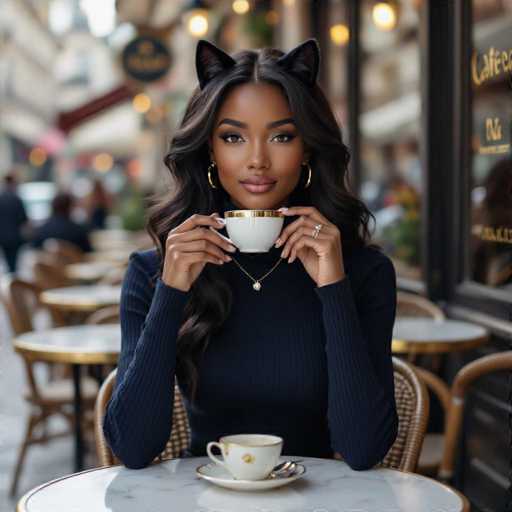 A woman with long, wavy dark hair and a warm skin tone is sitting at a round table in a cafe. She's wearing a dark blue turtleneck sweater and gold hoop earrings, and she's holding a white teacup with a gold rim in both hands. She also has black cat-ear headphones on her head and is wearing a delicate gold necklace with a small pendant. Her expression is soft and inviting, and she's looking directly at the viewer with a subtle smile. The background is blurred, suggesting an out-of-focus cafe setting with other tables and people visible. The lighting is soft and warm, creating a cozy atmosphere.