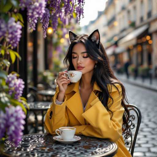 A woman with long, dark hair and cat ears is sitting at a table in a cafe. She's wearing a bright yellow coat and a white shirt, holding a cup of coffee with a delicate floral pattern. She's looking down at the cup with a serene expression, and her eyes are closed. The table is ornate and dark, and the background is blurred but suggests a charming outdoor cafe setting with purple flowers. The lighting is soft and warm, creating a cozy atmosphere.