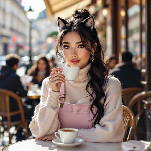 A woman with long, dark hair styled in a high bun adorned with cat ears is sitting at a table in a cafe. She's wearing a cream-colored turtleneck sweater and a pink overall dress with shoulder straps, holding a white cup of coffee. She's looking directly at the camera with a soft smile. The background is blurred, showing other people sitting at tables in the cafe and some out-of-focus elements suggesting a city setting. The lighting is bright, highlighting the woman and her outfit.