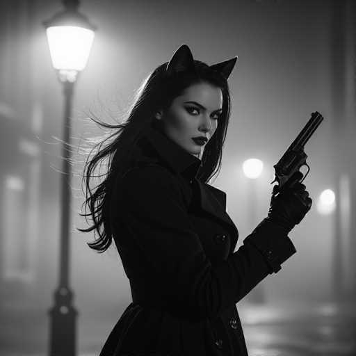 A stylish, black-and-white portrait of a woman in a cat-themed costume dominates the frame. She's positioned in profile, looking directly at the viewer with a serious expression. Her long, dark hair flows dynamically, suggesting motion. She wears a dark coat and gloves, holding a gun in her right hand. The background is softly blurred, emphasizing the woman as the central focus. The overall style is dramatic and evocative, with a strong emphasis on light and shadow.