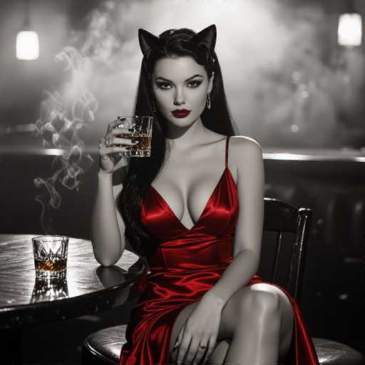 A glamorous woman in a red satin dress and cat ears sits at a dark table, holding a glass of amber liquid with a plume of smoke. The image is in black and white, creating a vintage-inspired aesthetic. She gazes directly at the viewer with bold makeup, her long hair cascading around her. The lighting is dramatic, highlighting her features and the reflective surface of the glass.