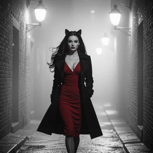In this captivating image, a woman is seen striding confidently down a foggy, rain-soaked alleyway. The scene is predominantly rendered in black and white, with the exception of her striking red dress and matching lipstick, which stand out vividly against the monochrome backdrop. She wears a long black trench coat that drapes over her red dress, which features a plunging neckline that reveals a generous amount of cleavage. Her long, dark hair cascades down her back, and atop her head, she sports a pair of cat ears, adding a whimsical touch to her otherwise serious demeanor. The woman's expression is stern, with her gaze fixed directly on the camera, exuding a sense of determination and intensity. The alleyway itself is flanked by brick buildings on either side, and the ground is slick with rainwater, reflecting the soft glow of the streetlights that line the path. The overall atmosphere is one of mystery and intrigue, with the fog adding an element of obscurity to the surroundings.