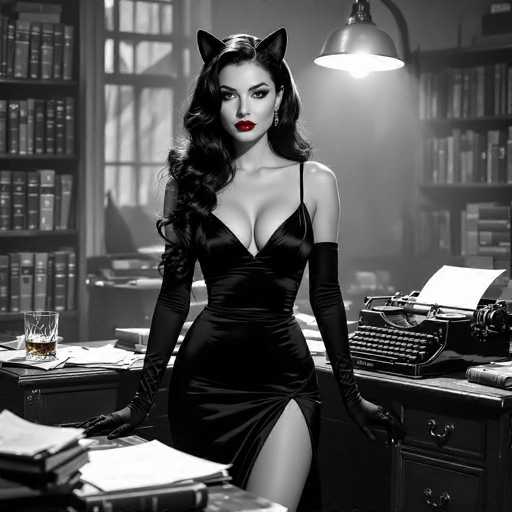 In this captivating black-and-white photograph, a woman stands poised in front of a desk, exuding an air of vintage elegance. She is adorned in a sleek black dress that accentuates her figure, paired with long gloves that extend gracefully to her elbows. Her long, wavy hair cascades down, framing her face, which is highlighted by striking red lipstick. Adding a whimsical touch to her ensemble, she wears a headband adorned with cat ears. The desk before her is cluttered with various items, including a typewriter and a glass of whiskey, enhancing the nostalgic atmosphere. Behind her, bookshelves filled with books line the wall, and a window allows natural light to filter in, casting a gentle glow on the scene. The photograph is predominantly in black and white, with the exception of her vivid red lipstick, which stands out as the only splash of color, drawing immediate attention to her lips.