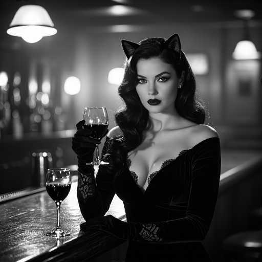 In this captivating black-and-white photograph, a woman is seated at a bar, exuding an air of mystery and allure. She is adorned in a low-cut, velvet dress that features intricate lace detailing around the neckline and sleeves. The dress is off-the-shoulder, adding to her elegant yet provocative appearance. Her long, dark hair cascades down her back, and she wears striking cat ears, enhancing her enigmatic aura. Her lips are painted a deep, dark shade, complementing her dramatic eye makeup and perfectly arched eyebrows. She holds a glass of red wine in her gloved right hand, while her left arm rests on the bar. The bar itself is made of dark wood, and a second glass of wine sits beside her. The background is softly blurred, with the warm glow of hanging lights and the indistinct shapes of bottles, creating a moody, intimate atmosphere.
