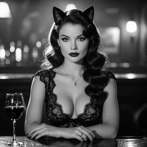 A captivating black-and-white photograph features a woman with long, dark hair cascading over her left shoulder. She is adorned in a low-cut, lacy dress that accentuates her cleavage, and a delicate necklace graces her neck. Her striking makeup includes dark lipstick and meticulously applied dark eyebrows, complemented by a single earring in her right ear. Adding a whimsical touch, she wears cat ears atop her head. Her hands rest elegantly on the table in front of her, where a glass of red wine stands, its deep color contrasting beautifully with the monochrome setting. The background is softly blurred, revealing a bar area with a shelf lined with bottles and a light fixture on the right side. The woman gazes directly at the camera, exuding an air of mystery and allure.