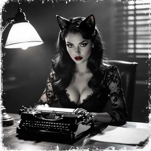 In this striking black-and-white photograph, a woman is seated at a desk, her gaze directed straight at the camera. She is adorned in a black lace dress that accentuates her cleavage, and her long, wavy black hair cascades down to her chest. Her makeup is bold, with bright red lipstick standing out against the monochrome palette. Perched atop her head are black cat ears, adding a whimsical touch to her appearance. 

The desk in front of her is cluttered with various items, including a typewriter, a piece of paper, and a lamp that casts a soft glow over the scene. The background is slightly blurred, revealing a window with partially open blinds that allow light to filter into the room. The photograph is framed with a distressed white border, giving it a vintage feel. Notably, the woman's hands appear distorted, with her right hand showing only two fingers and her left hand displaying six fingers, adding an element of surrealism to the image.