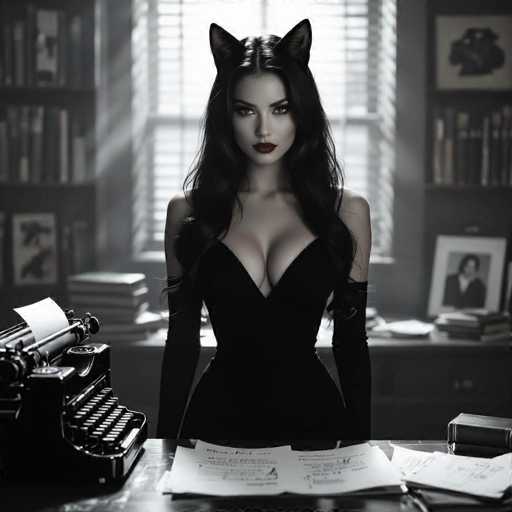 In this striking black-and-white photograph, a woman with long, dark hair and cat-like ears sits at a desk, exuding an air of mystery and allure. She is adorned in a form-fitting black dress that accentuates her figure, with long sleeves extending up to her biceps. Her lips are painted a vivid red, providing a stark contrast to the monochromatic scene. The desk in front of her is cluttered with papers, and to her left, a classic black typewriter adds a touch of vintage charm. Behind her, a window with partially open blinds allows light to filter into the room, illuminating the scene. Flanking the window are bookshelves filled with books, and to her right, a desk holds more papers and a framed photograph. The overall composition creates a captivating and enigmatic atmosphere, drawing the viewer into the story behind the woman and her surroundings.