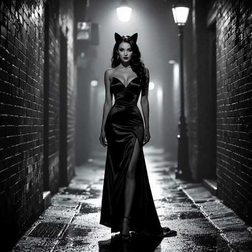 A captivating black-and-white photograph features a woman standing in the middle of a dimly lit, narrow alleyway. The scene is dramatically illuminated by a series of streetlights that line the right side of the alley, casting a soft glow on the wet, reflective ground. The woman, who is the focal point of the image, is adorned in a sleek, black dress that accentuates her figure. The dress has a daring slit that extends up to her thigh, revealing her leg. She completes her ensemble with elegant black high heels. Her long, dark hair cascades down her back, and she wears striking red lipstick that stands out against the monochromatic backdrop. Adding a whimsical touch to her appearance, she sports a headband with cat ears. The overall composition creates a moody and mysterious atmosphere, drawing the viewer's attention to the woman's poised and enigmatic presence.