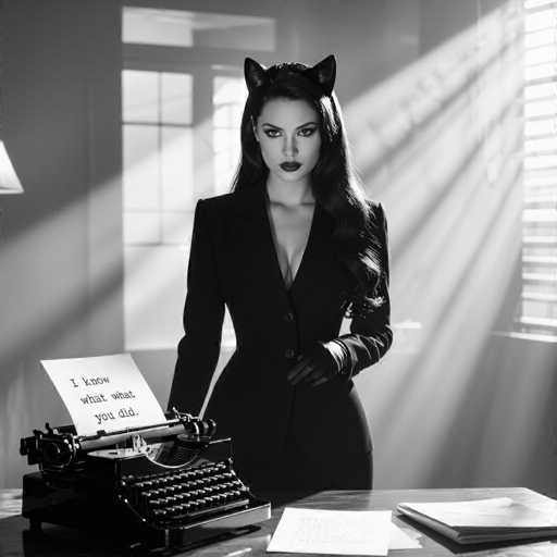 In this black-and-white photograph, a woman stands confidently in front of a desk, exuding an air of mystery and allure. She is dressed in a sleek, black business suit that accentuates her figure, paired with elegant black gloves. Her long, dark hair cascades down her back, and atop her head, she wears striking cat ears, adding a touch of whimsy to her otherwise professional appearance. Her lips are painted a deep, dark shade, and she gazes directly at the camera with an intense, captivating stare.

The desk in front of her is cluttered with various papers, suggesting a busy and perhaps secretive life. A typewriter sits prominently on the desk, with a piece of paper inserted and bearing the ominous message, "I know what you did." This detail adds a layer of intrigue and potential threat to the scene. The background is softly blurred, drawing focus to the woman and the typewriter, while hinting at a window that allows light to filter into the room, casting subtle shadows that enhance the dramatic atmosphere.