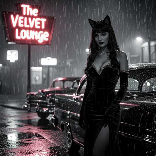In this evocative black-and-white photograph, a woman stands poised in front of a classic 1950s-style convertible, her presence accentuated by the neon glow of "The Velvet Lounge" sign behind her. The neon sign, with its striking red and white lettering, casts a pinkish hue on the wet pavement, hinting at the recent rainfall. The woman, with her long dark hair cascading over her shoulders, dons a sleek black dress adorned with gold trim around the neckline and a daring slit up the side. Her ensemble is completed with long black gloves that extend past her elbows, and a pair of cat ears perched atop her head, adding a whimsical touch to her sophisticated look. She gazes directly at the camera, exuding an air of mystery and allure. The scene is framed by the rain-slicked street, dotted with puddles that reflect the neon light, and the silhouettes of buildings in the background, creating a moody, atmospheric setting.