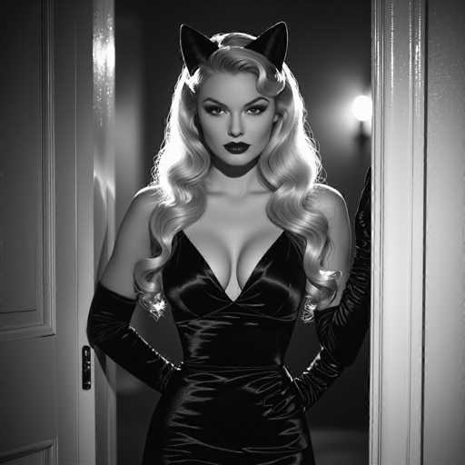 A striking black and white photograph captures a woman standing in a doorway, exuding an air of mystery and allure. She is adorned in a sleek, low-cut black dress that accentuates her figure, paired with elegant elbow-length gloves. Her long, wavy blonde hair cascades down, framing her face, which is highlighted by bold black lipstick. Perched atop her head are distinctive cat ears, adding an element of whimsy to her otherwise sophisticated appearance. The woman's expression is serious, her gaze directed straight at the camera, creating a powerful connection with the viewer. The doorway she stands in is framed by white wood, contrasting with the dark background behind her. A light fixture on the wall casts a soft glow, subtly illuminating the scene and adding depth to the composition.