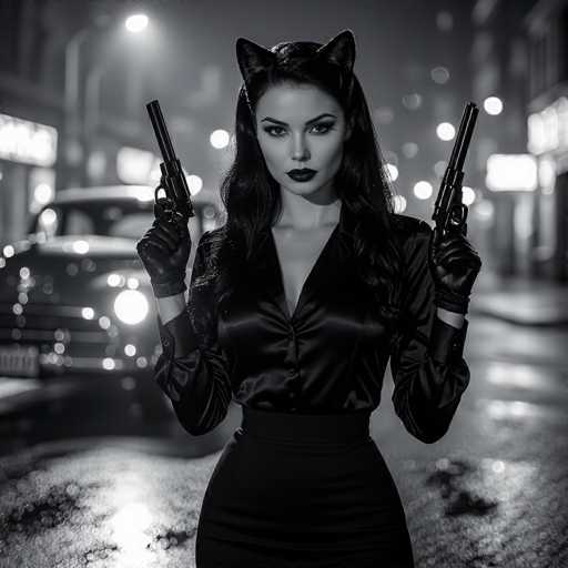 A stylish, black and white portrait of a woman dressed as Catwoman stands in a dimly lit city street. She holds two guns, wearing a black catsuit with cat ears and gloves. The background is blurred, emphasizing her central position in the frame. The overall style is dramatic and evocative, with a focus on shadows and highlights to create a mysterious atmosphere.